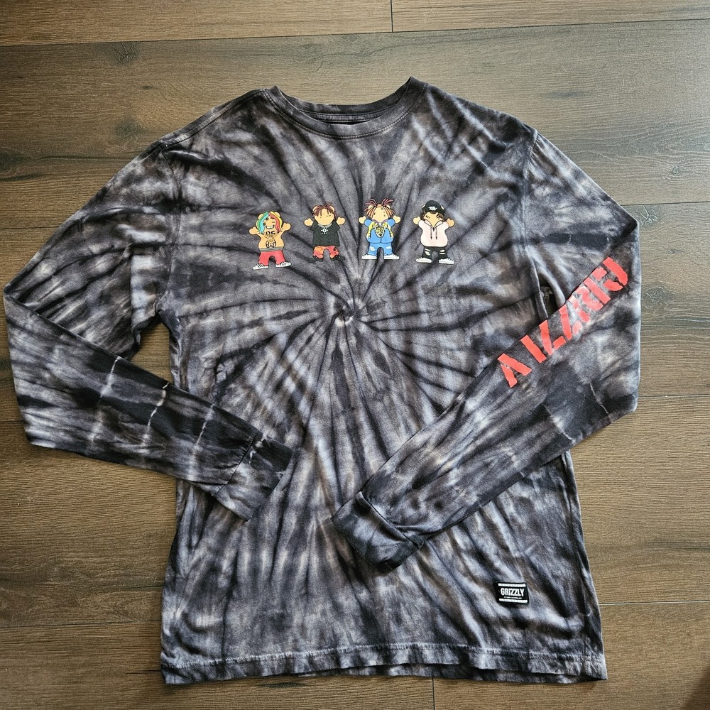 Grizzly Brand Bears Black Grey Tie Dye Long Sleeve Skater Streetwear T-shirt M